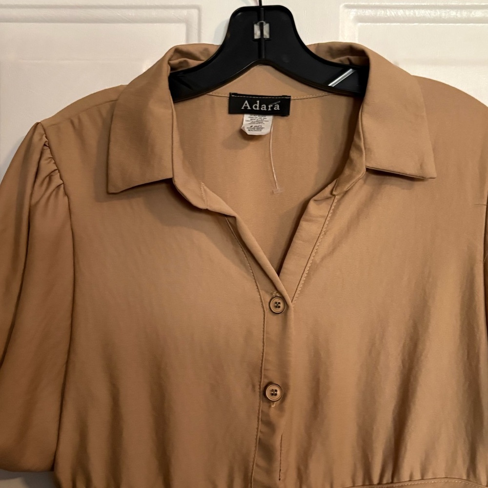 ADARA Button-Front Short Sleeve Midi Dress - Camel Small - Picture 2 of 5